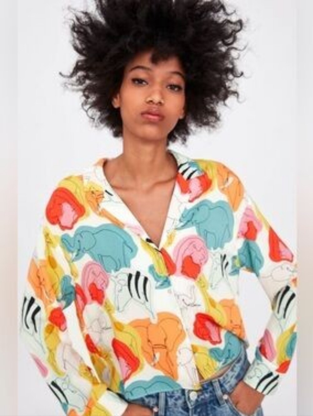 Zara Cream Blouse with Teal, Pink & Black Sketch Print